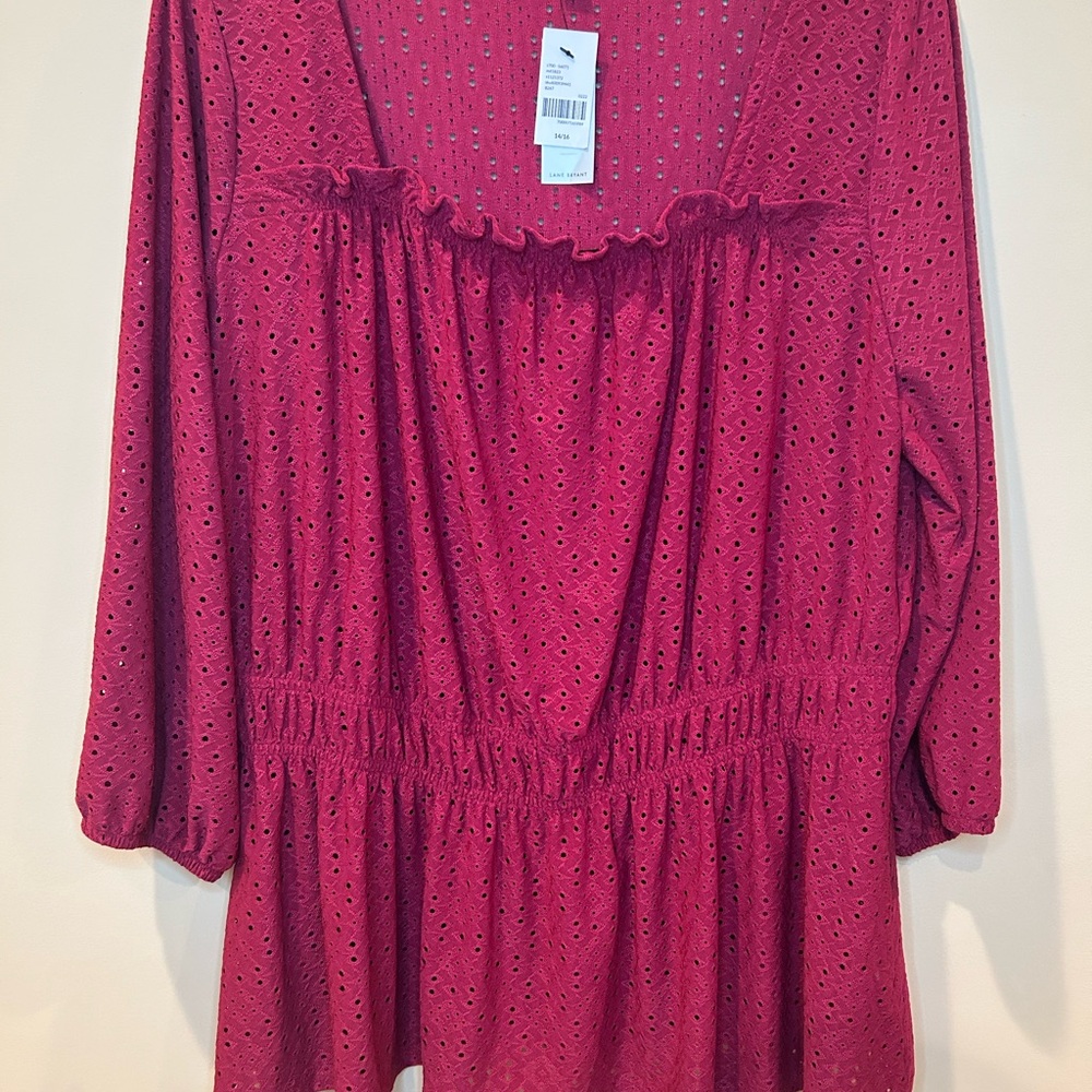 Lane Bryant Womens Pink 3/4 Sleeve Eyelet Peplum Hem Tunic Top Plus Size